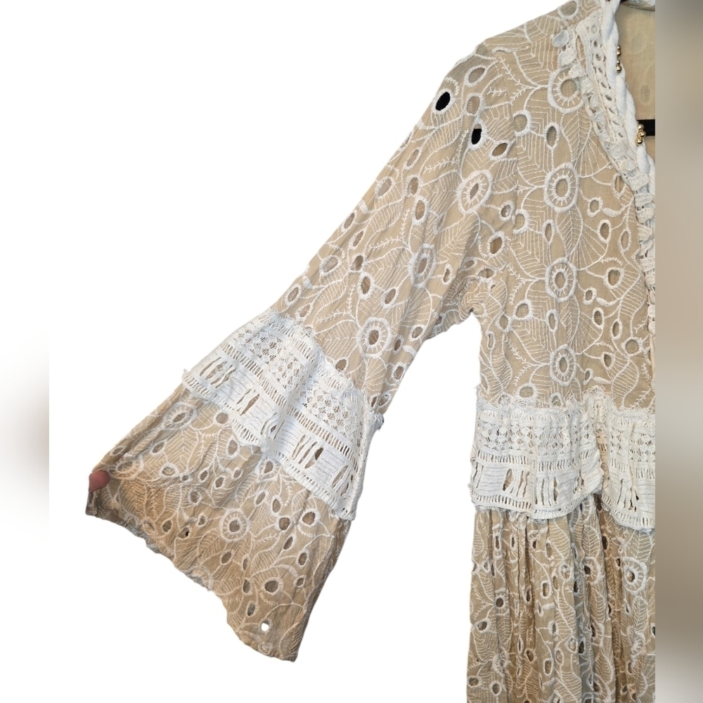 Gipsy Queen Barok Paris Boho Eyelet Lace Embroidered Open Tie-Front Cardigan Tan - Picture 9 of 16